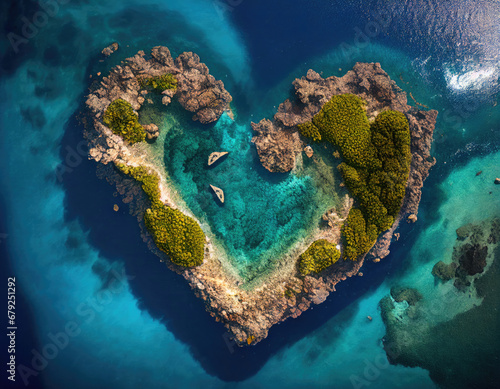 Pacific Island in the Shape of a Love Heart. Aerial Shot, Holiday Concept. Generative AI.