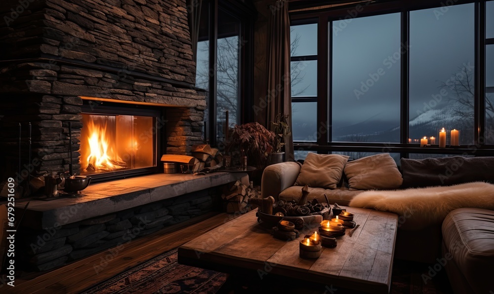 A Cozy Living Room With a Comfortable Sofa and a Warm Fireplace A Cozy Living Room With a Comfortable Sofa and a Warm Fireplace
