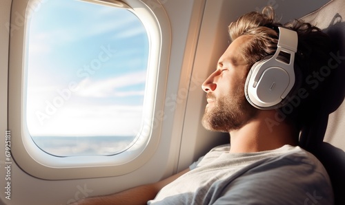 Man Enjoying In-Flight Entertainment With Headphones On photo