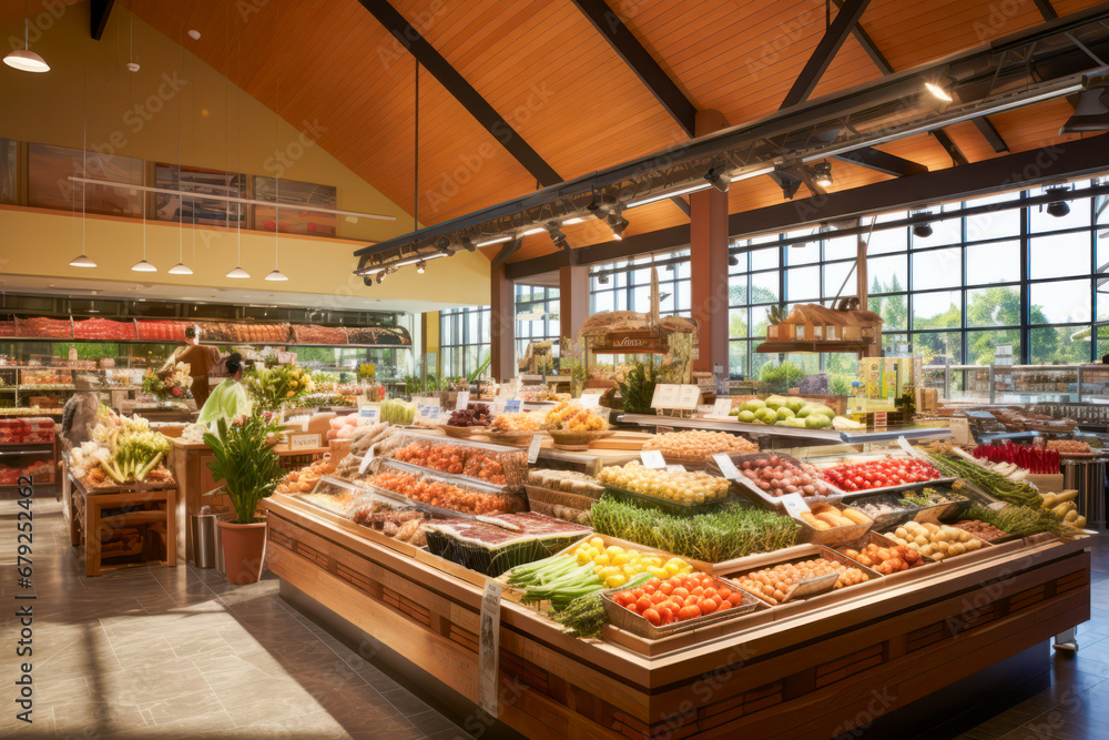 Modern grocery store showcasing fresh produce, ambient lighting, organized layout.