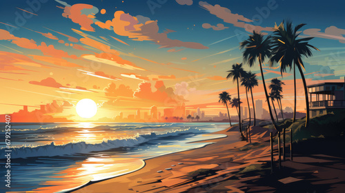 Illustration of an empty beach in the evening with a sunset in the background