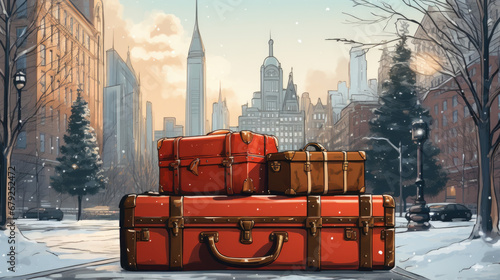 Illustration of fully packed suitcases. There is a big city in the background