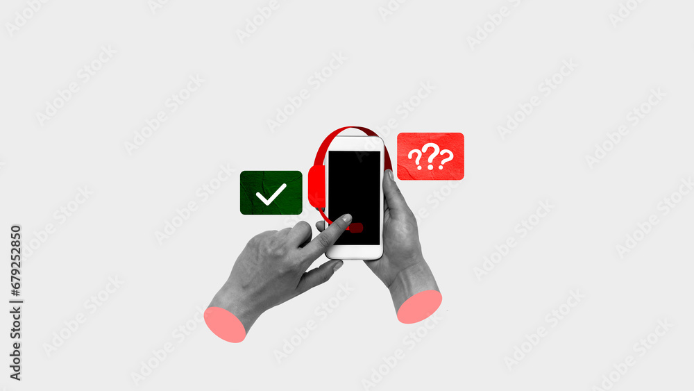 Hand holding phone with red and green card with question and check marks, meaning choice and decision. Contemporary art collage. Concept of support, office, call center, profession, communication