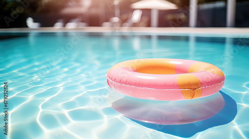 swimming inflatable ring in the pool, summer, hotel, vacation, weekend, blue clear water, resort, aqua, lifestyle, party, park, beauty, sun, bright light, pink, fun, rubber toy