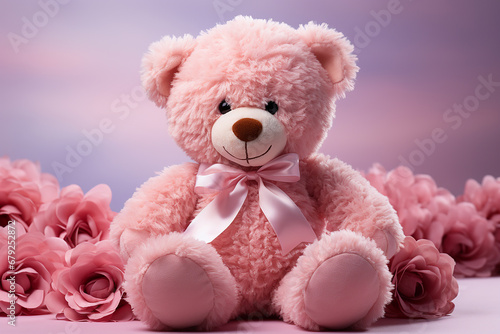 Pink plush bear among pink roses isolated on background.Closeup view