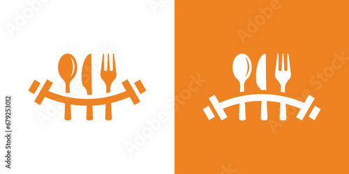 logo design combining the shape of a fitness barbell with eating equipment. fitness food.