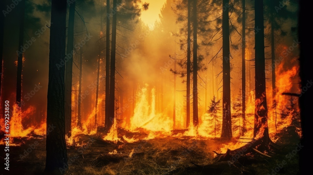 Forest on fire and environment damage and natural habitats, fire is everywhere and air pollution