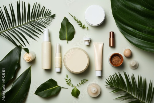 Aesthetic flat lay with a various cosmetic packages, flowers and leaves. AI generative photo