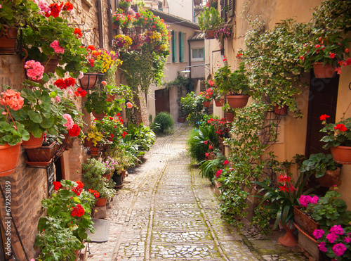 Italia, Umbria, il paese di Spello, una strada fiorita. photo