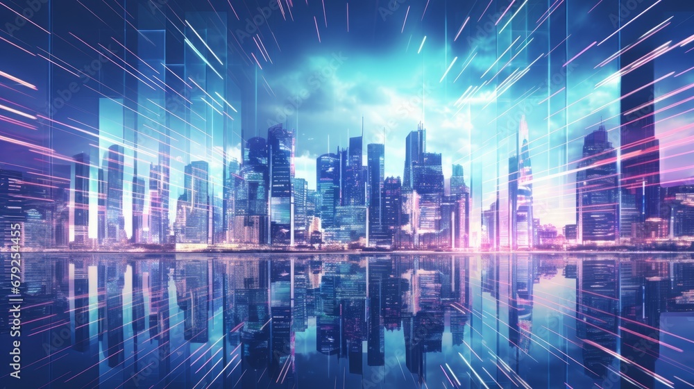 Bright holographic cityscape background