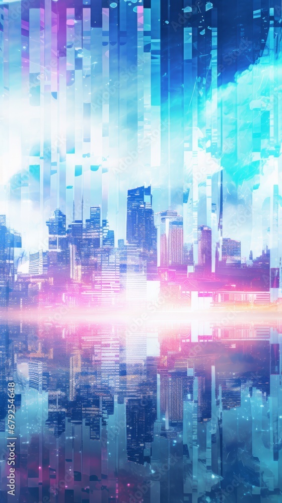 Bright holographic cityscape background