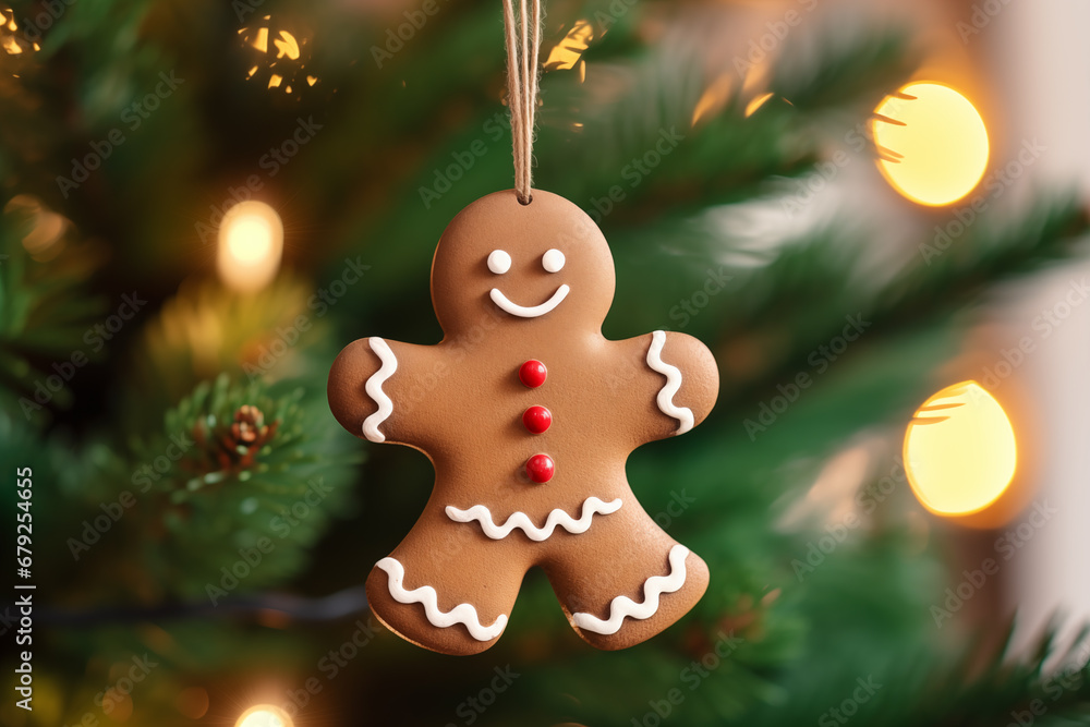  Gingerbread man on the background of the fireplace. Christmas card with gingerbread tree. Generative AI