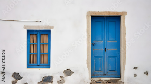 Old ancient colorful textured door and window in a stone wall in Greece, Oia, Santorini. Vintage doorway. Traditional European, Greek architecture. Summer travel