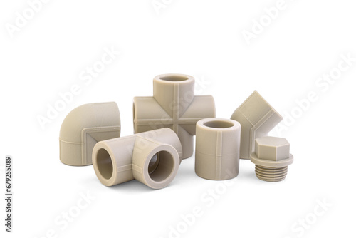 Fotografía Set of fittings for polypropylene pipes isolated on white background