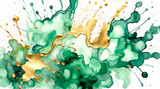 Jade green and gold paint splatter on white background. Generative ai
