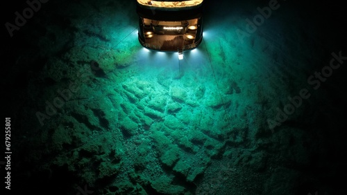 High-powered lamp illuminating a deep underwater exploration scene photo