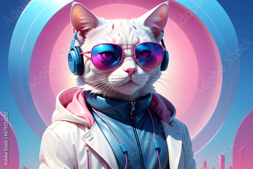 gerative AI, fantasy cat wearing a sunglass and headphone, pink and blue background 