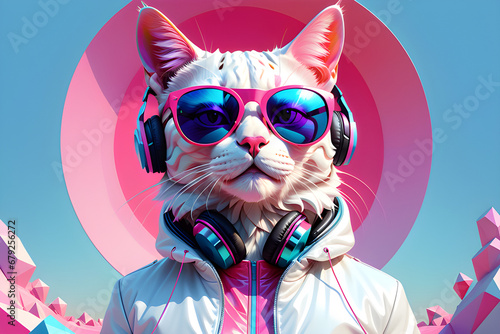 gerative AI, fantasy cat wearing a sunglass and headphone, pink and blue background 