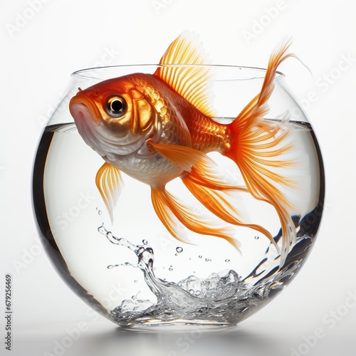 A image of Goldfish in a bowl with water on white background. Studio shot. Generative AI