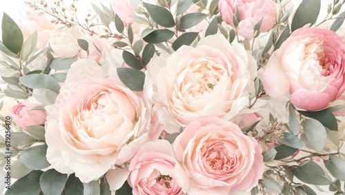 Watercolor Painting Banner  Background. Breathtaking Bouquet Of Delicate Pink Flowers  Roses  And Lush Eucalyptus Greenery. 