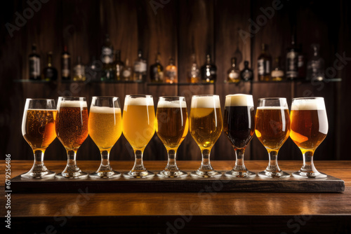 Cold mugs and glasses of beer on the old wooden table at the black background. Assortment of beer.
