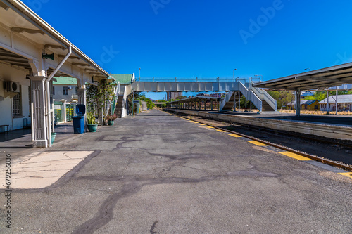A view along the platform at the old railway station Windhoek, Namibia in the dry season