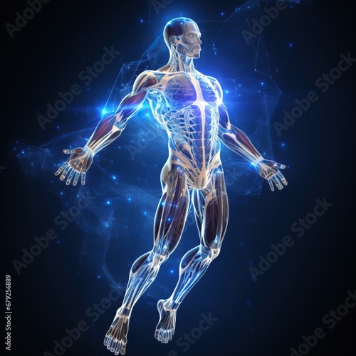 A image of Human body with skeletal system, x ray view on dark background. Generative AI photo