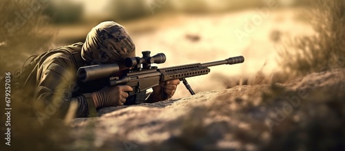 Sniper squad. Complete combat equipment. sniper rifle, camouflage uniform, ballistic vest sniper aiming at target. Masked sniper. photo