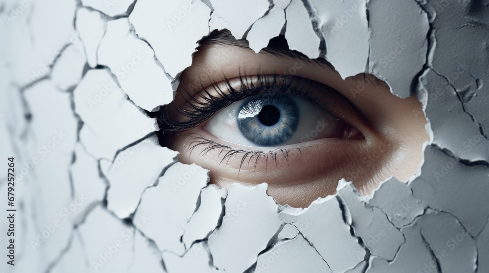 Close-up of a person peering through a hole in a white surface. Privacy, surveillance, Seclusion, Confidentiality, Isolation or intrigue concept.