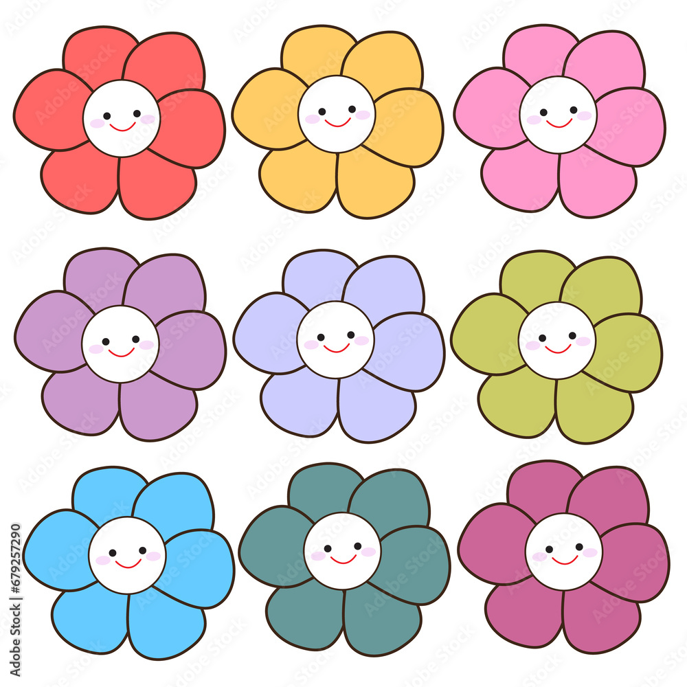 Set of cute flowers with smiling faces Set of cute flowers with smiling faces