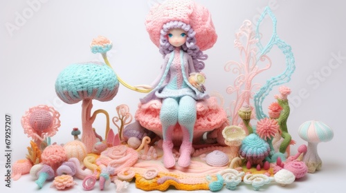 Textured pastel knitted Handcrafted crochet fantasy scene with a doll  mushrooms  and flora in pastel tones  embodying whimsy and creativity.