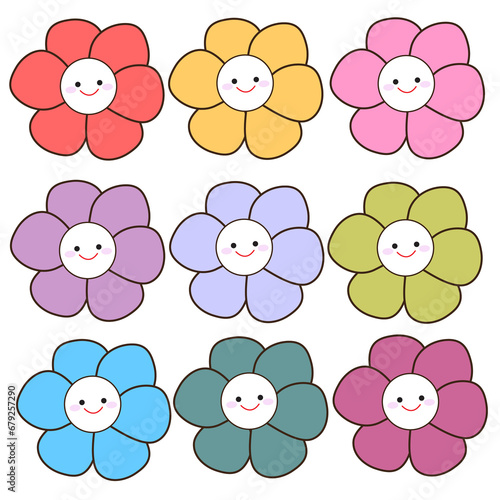 Set of cute flowers with smiling faces