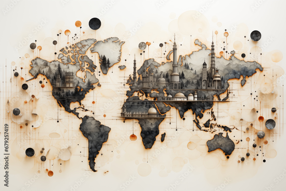 Map of the world with famous landmarks of the city in watercolor Stock ...