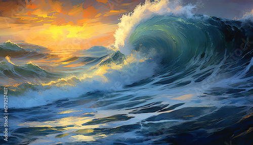 A seascape of a dynamic stormy sea, rendered with bright brushstrokes and vibrant colors.