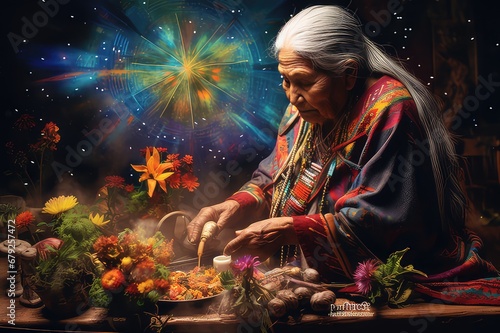 Grandmother ayahuasca preparing ingredients for a ceremony trip.