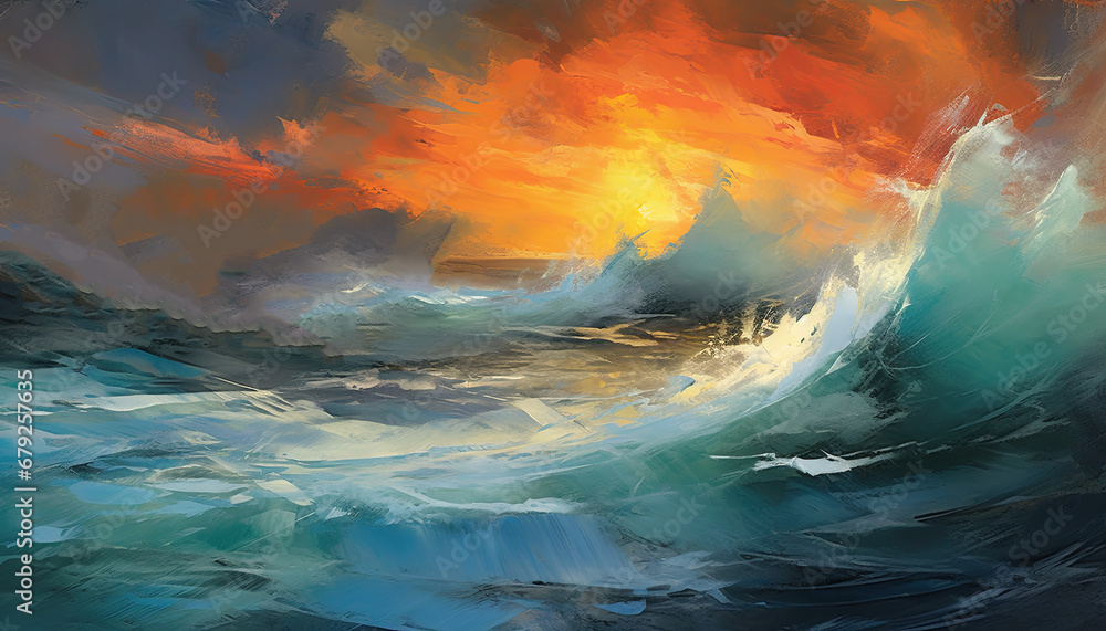 A seascape of a dynamic stormy sea, rendered with bright brushstrokes and vibrant colors.