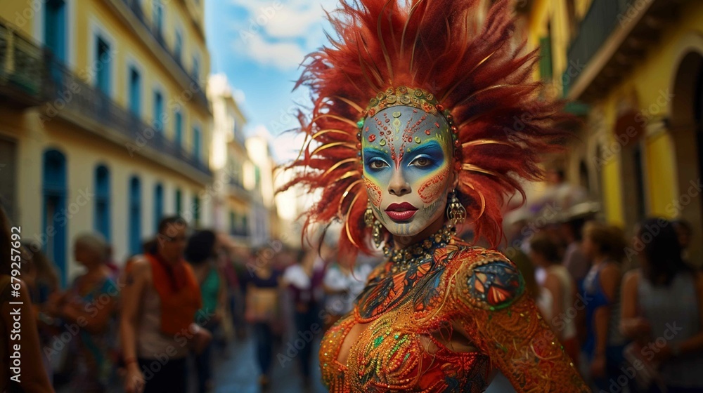 Young woman enjoying city carnivals in colorful and eye-catching costume