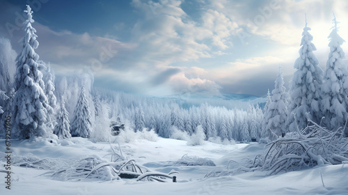 Winterwunderland mit schneebedeckten Bäumen und sanften Wolken, Weihnachten © mutom