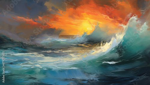 A seascape of a dynamic stormy sea, rendered with bright brushstrokes and vibrant colors. © Vitaly Art