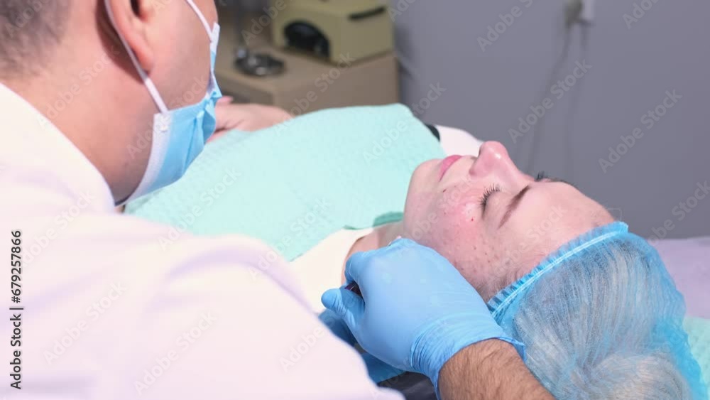 Injection facial rejuvenation. Biorevitalization and mesotherapy. A cosmetologist injects cosmetic preparations into the facial skin to moisturize, firm and rejuvenate the skin.