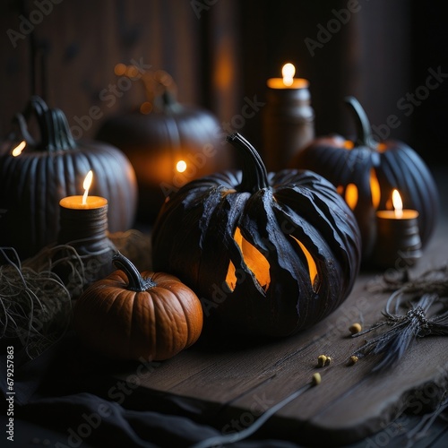 Thanksgiving — Pumpkins On Rustic Table With Candles And String Lights photo