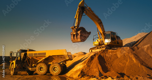 Bilde på lerret Construction Site On Sunny Evening: Industrial Excavator Loading Sand Into A Truck