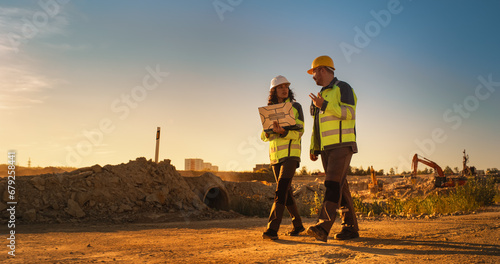 Caucasian Male Architect And Hispanic Female Urban Planner Walking On Construction Site With Laptop Computer And Talking About New Real Estate Project. Construction Equipment Working. Golden Hour photo