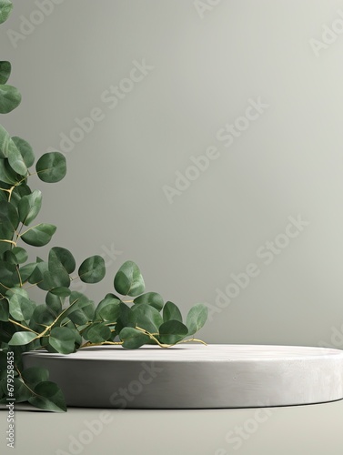 Product display podium with eucalyptus leaves, generative ai © Nia™