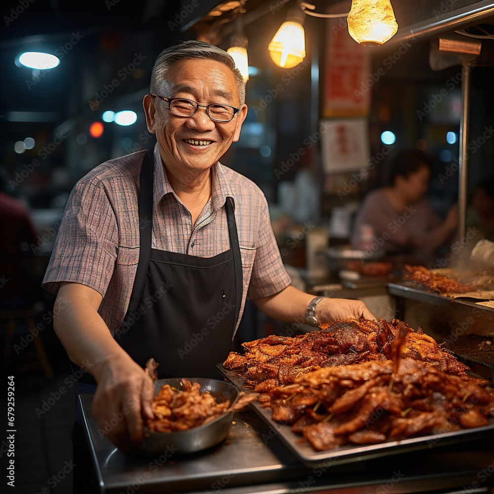 A photo of Smiling Asian man selling fried chicken in a street food market. Generative AI