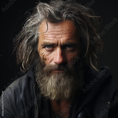 A photo of Portrait of a handsome and old man with long hair and beard looking at camera. Generative AI