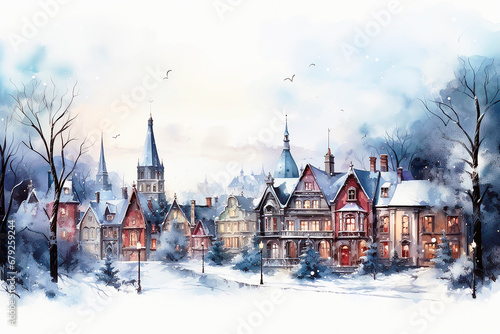 Watercolor card in blue shades, winter village with cozy houses, snowdrifts.	