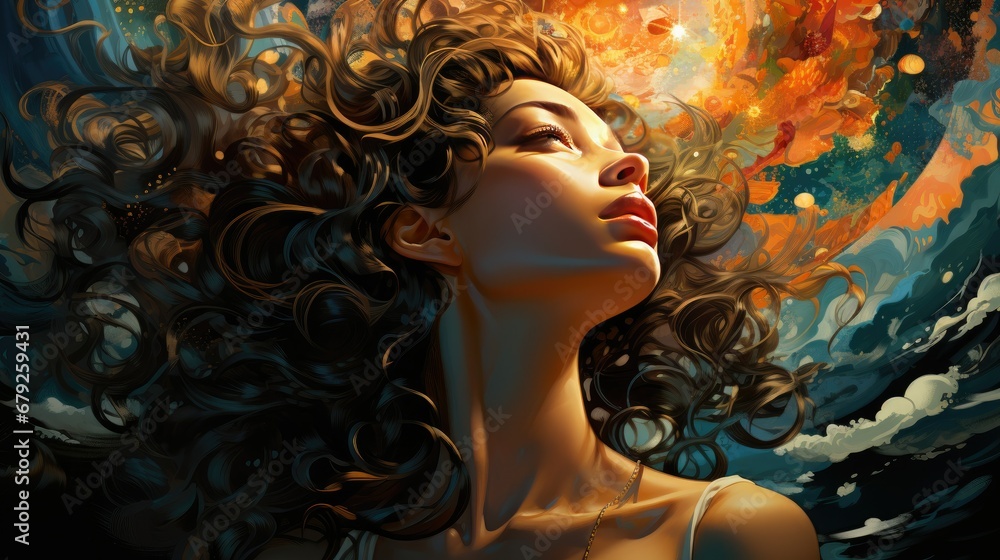 Graceful woman's face illustrated against an ocean backdrop with a captivating orange sunset, contrasting hues of blue and orange.