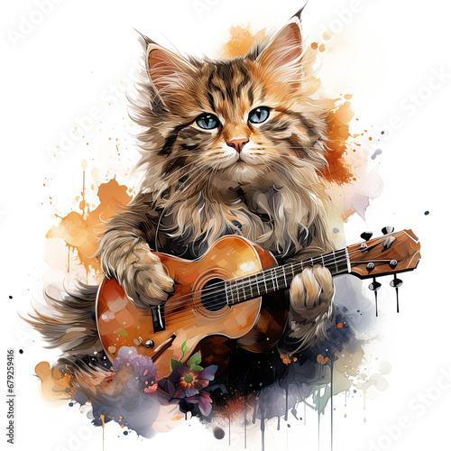 watercolor American Bobtail guitar clipart, Generative Ai