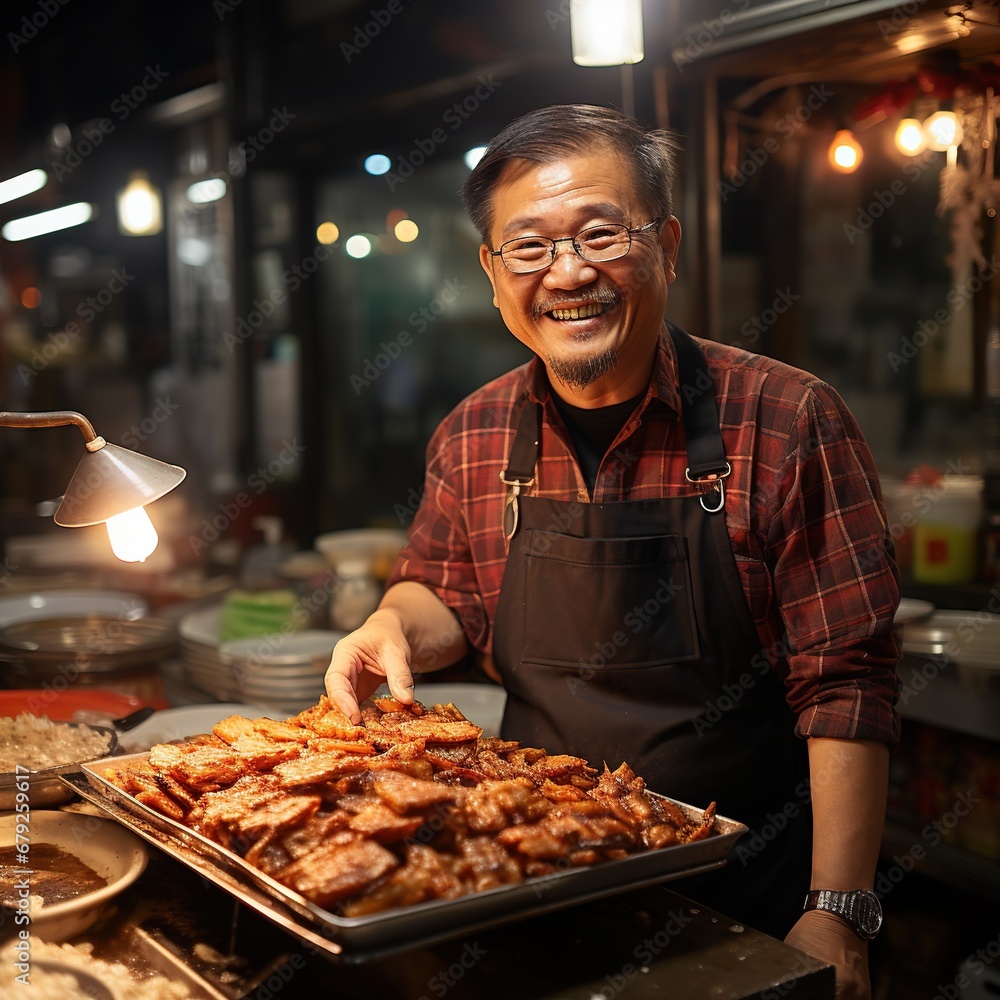 A picture of Asian senior man selling grilled chicken at street food market in Bangkok Thailand Generative AI